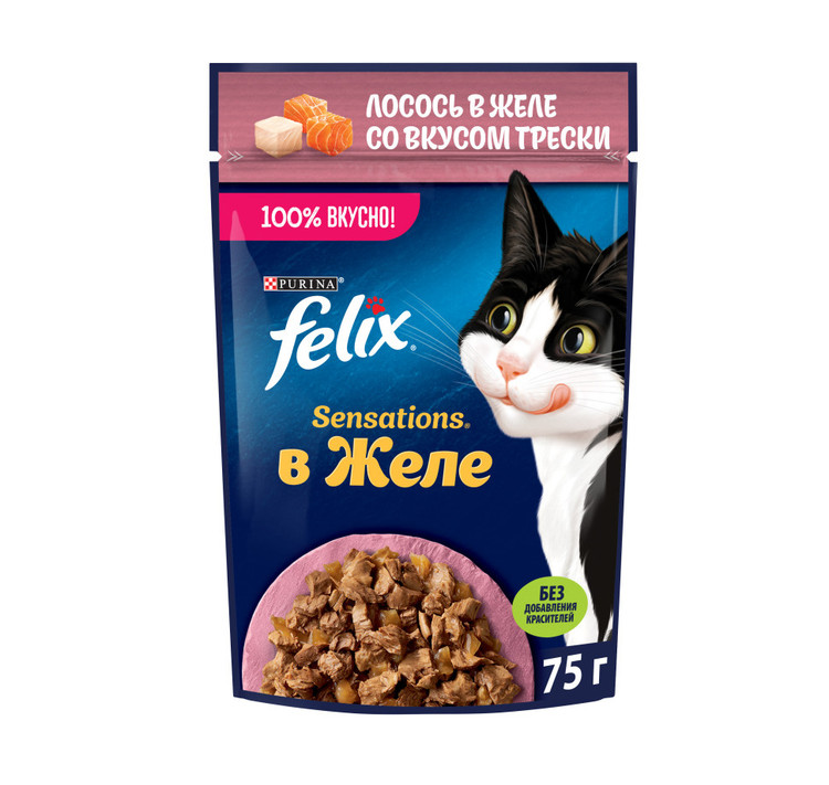 پوچ گربه فلیکس با طعم میکس مرغ و سالمون در سس وزن 75 گرم