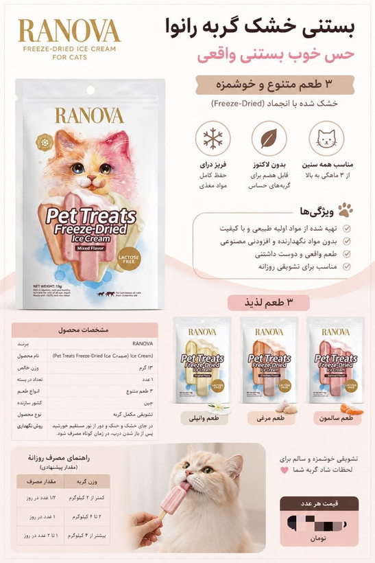 بستنی گربه رانوا مدل FREEZE DRIED بسته بندی ٣ عددی با طعم های شیر بدون لاکتوز - ماهی سالمون و زرده تخم مرغ - گوشت و کرنبری