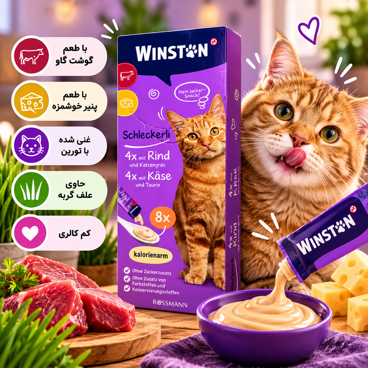 بستنی گربه وینستون با طعم گوشت و پنیر بسته 8 عددی