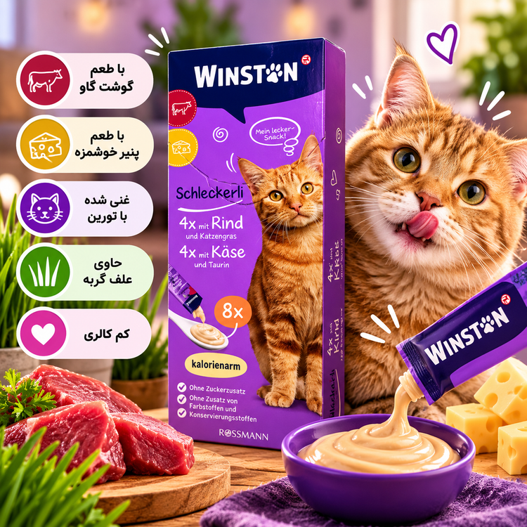 بستنی گربه وینستون با طعم گوشت و پنیر بسته 8 عددی