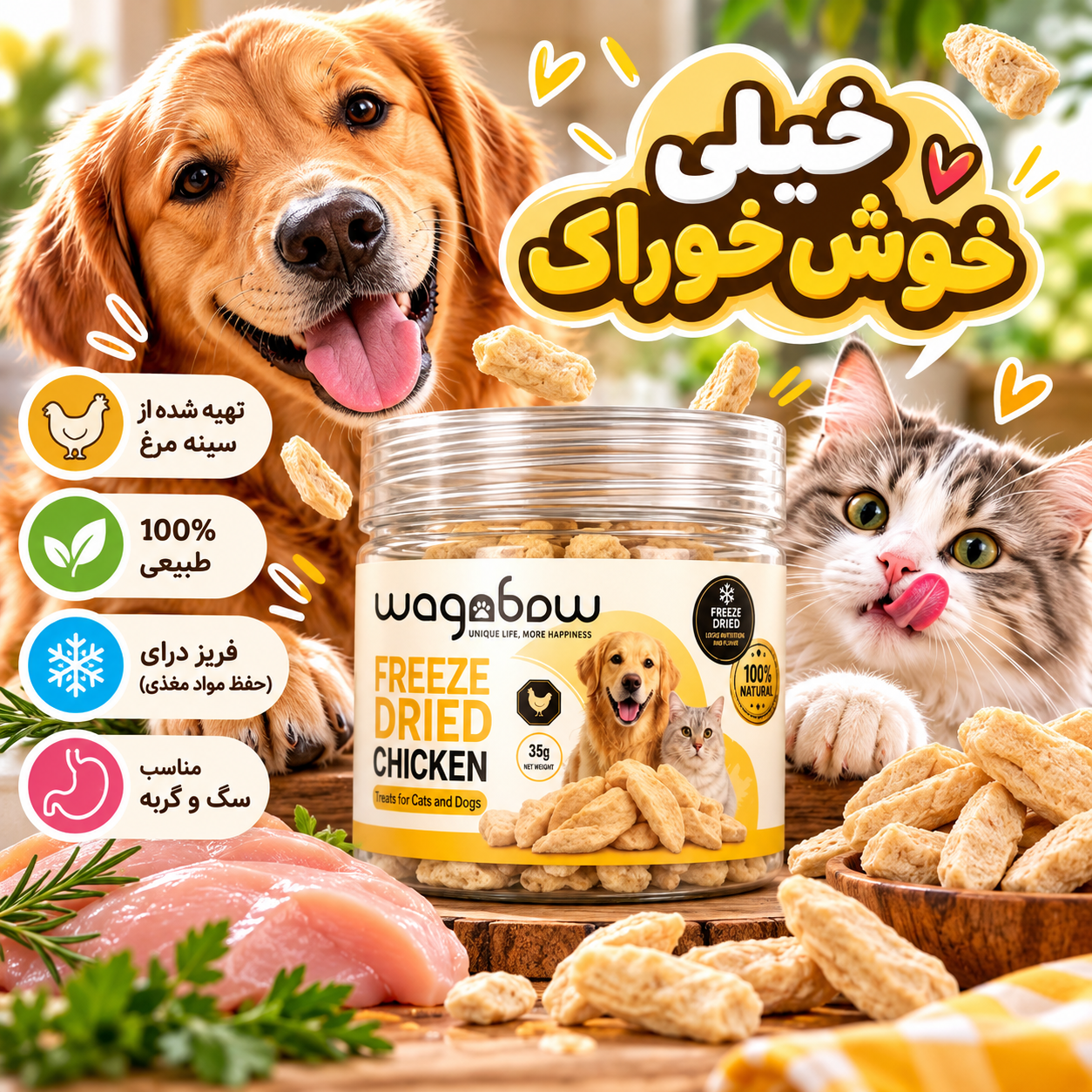 تشویقی سگ و گربه wognbow فریز دراید مرغ وزن 35 گرم