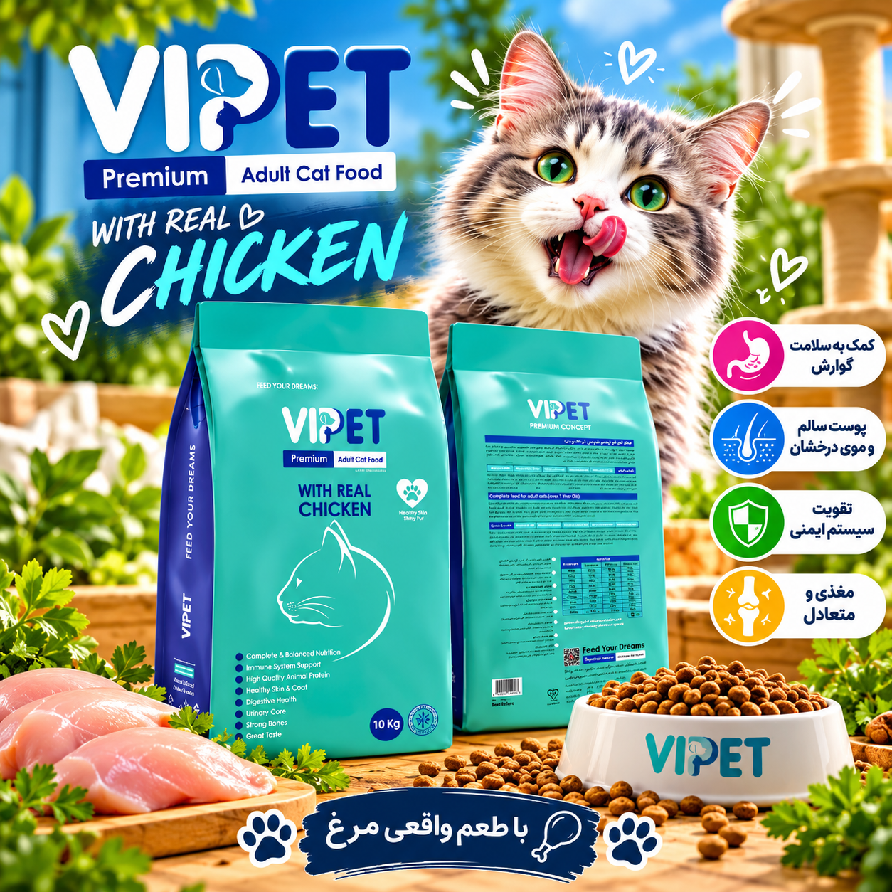 غذای خشک گربه ویپت VIPET پرمیوم وزن 1 کیلوگرم ( بسته بندی در زیپ کیپ پت شاپ لئو )