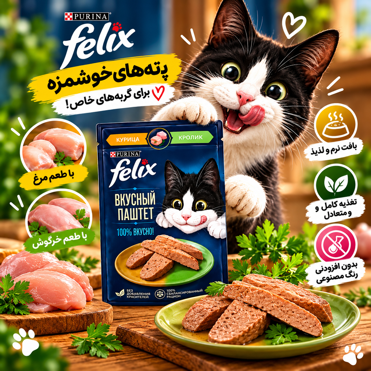 پوچ گربه فلیکس با طعم میکس مرغ و خرگوش پته وزن 75 گرم
