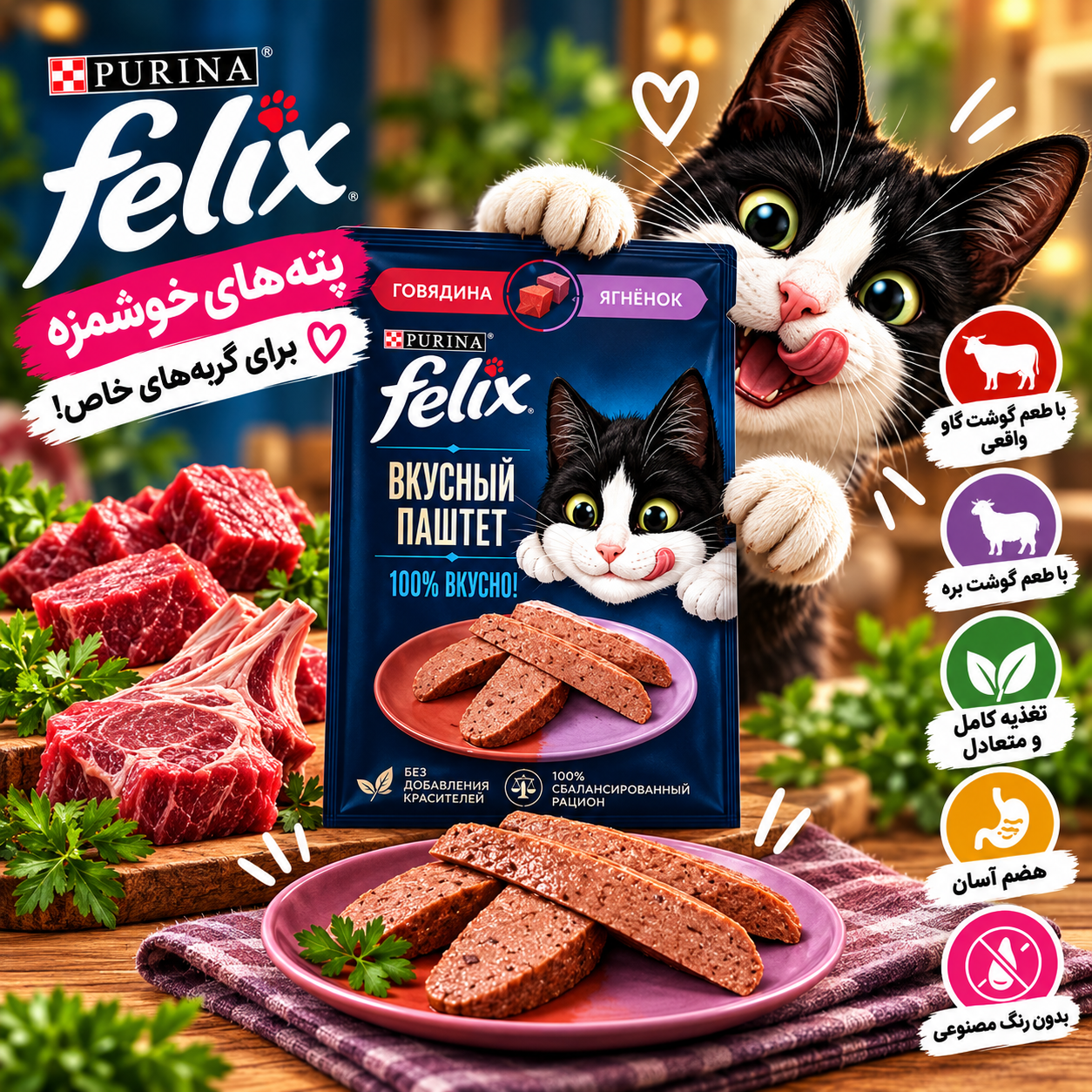 پوچ گربه فلیکس با طعم گوشت گاو و بره Felix Delicious وزن ۷۵ گرم