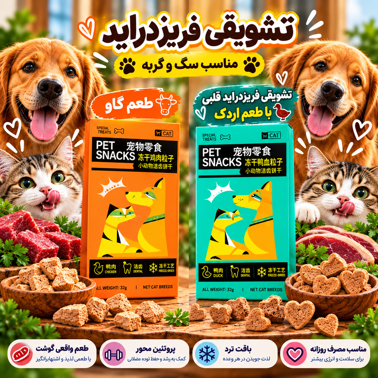 تشویقی فریزدراید سگ و گربه پت اسنک در 2 طعم وزن 32 گرم دونه ای
